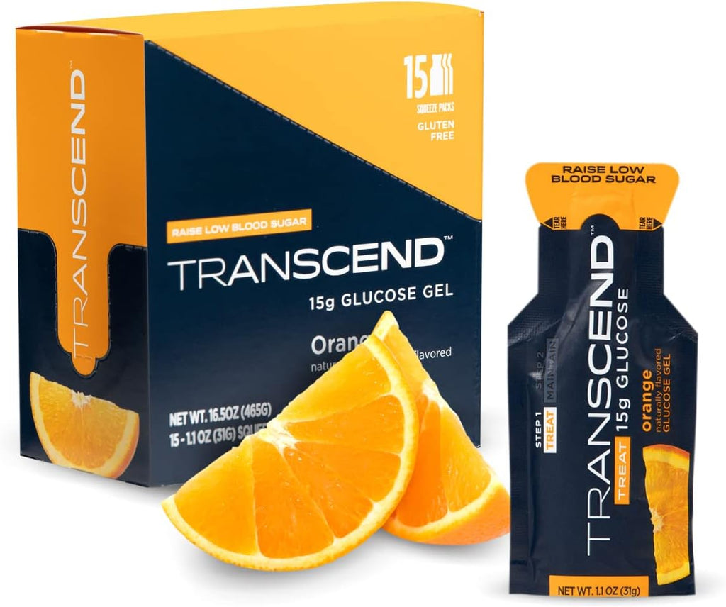 Transcend Paquetes de gel de glucosa – Naranja – Paquete de 15 unidades  (1.1 onzas cada uno) – Elegible FSA/HSA – Paquetes de gel de glucosa de