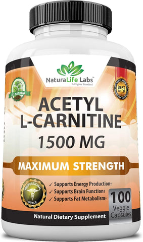 Acetyl L-Carnitine 1,500 mg High Potency Supports 100 Veggie Capsules